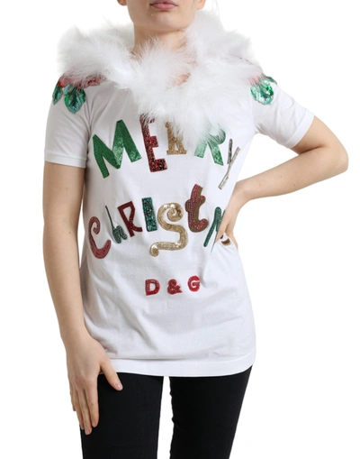 Shop Dolce & Gabbana White Cotton Christmas Sequin Fur T-shirt