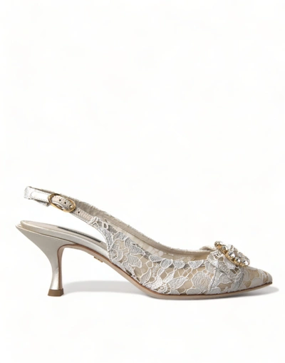 Shop Dolce & Gabbana White Taormina Lace Crystal Slingback Shoes