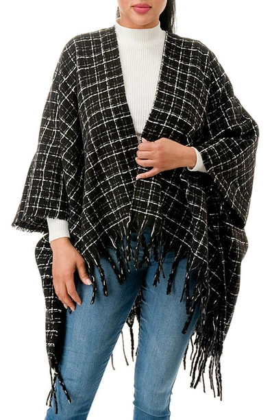 Marcus Adler Windowpane Tweed Fringed Ruana In Black