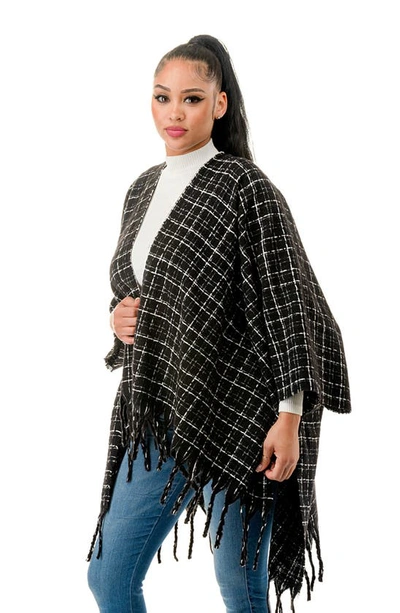 Marcus Adler Windowpane Tweed Fringed Ruana In Black