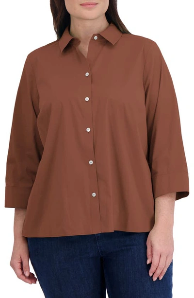 Shop Foxcroft Sandra Cotton Blend Button-up Shirt In Macchiato