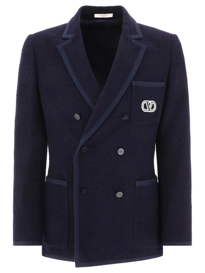 Shop Valentino Bouclé Wool Blazer With Vlogo Signature Embroidery In Blue