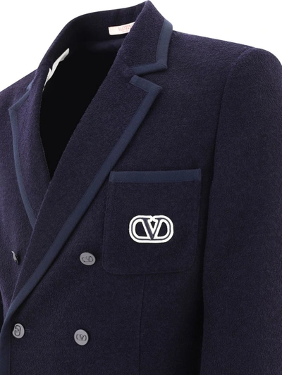 Shop Valentino Bouclé Wool Blazer With Vlogo Signature Embroidery In Blue