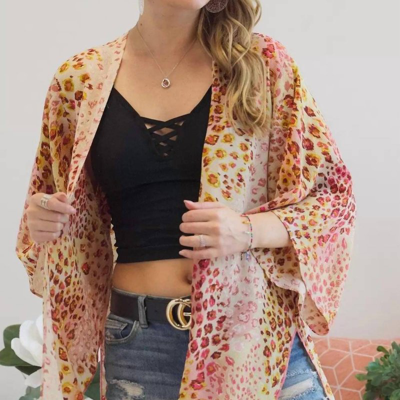 Shop Adora Open Front Leopard Print Kimono In Pink