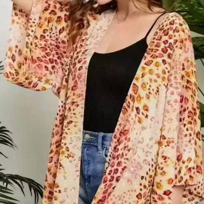 Shop Adora Open Front Leopard Print Kimono Plus In Pink