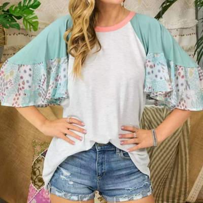 Shop Adora Patchwork Flared Sleeve Top In Blue