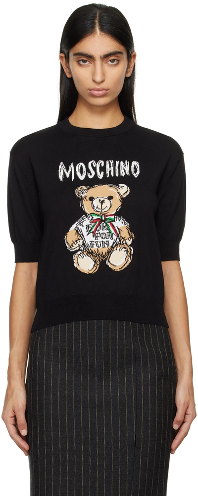Shop Moschino Black Drawn Teddy Bear Sweater In A5555 Fantasy Black