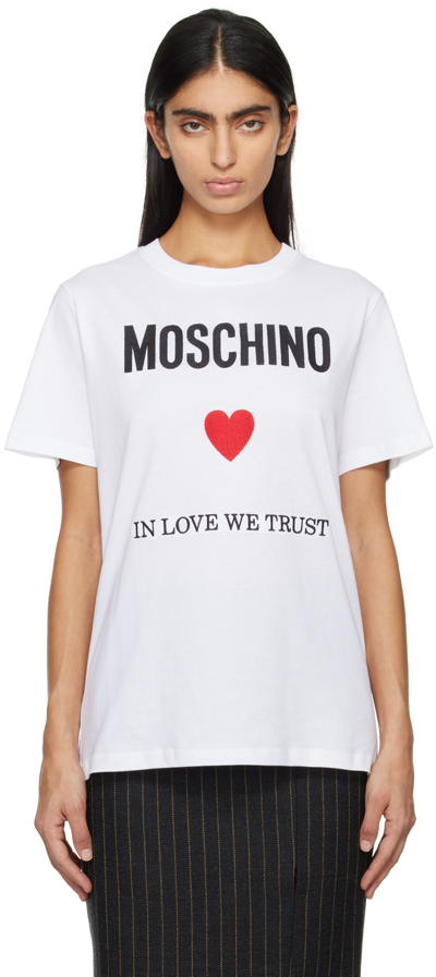 Shop Moschino White 'in Love We Trust' T-shirt In J2001 Fantasy White