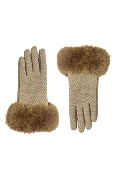 Marcus Adler Chevron Gloves With Faux Fur Trim In Camel