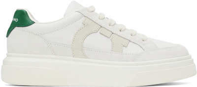 Shop Ferragamo Off-white Low Cut Gancini Outline Sneakers In Bianco Mascarpone