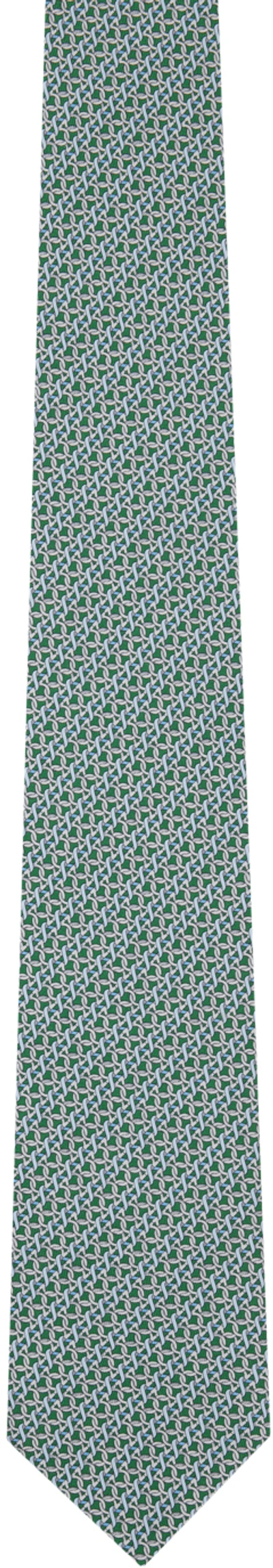 Shop Ferragamo Green & Blue Gancini Print Silk Tie In F.verde