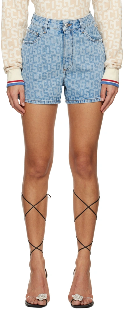 Shop Gcds Blue Monogram Denim Shorts In 75 Light Blue