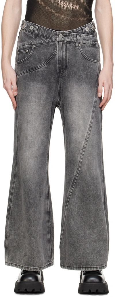 Shop Feng Chen Wang Gray Paneled Jeans In Black