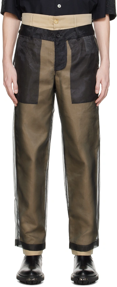 Feng Chen Wang Reversible Layered Trousers In Black/khaki