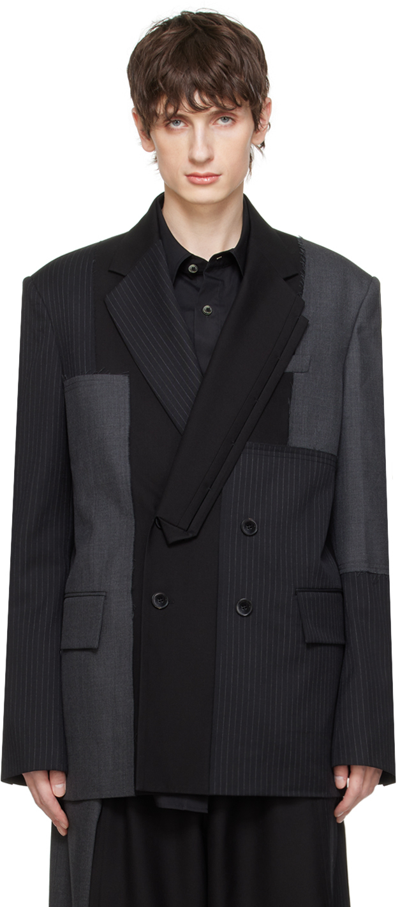 Shop Feng Chen Wang Black Double-breasted Blazer In Black/gray