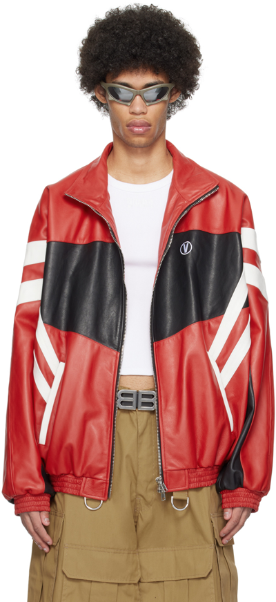 Shop Vetements Red & Black Paneled Leather Jacket In Red / Black / White