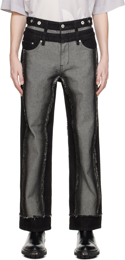 Shop Feng Chen Wang Black & Gray Raw Edge Jeans In Black/grey