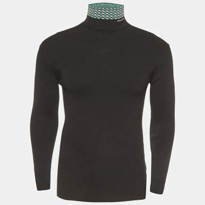 Pre-owned Prada Black Cotton Knit Jacquard Turtleneck Sweater L