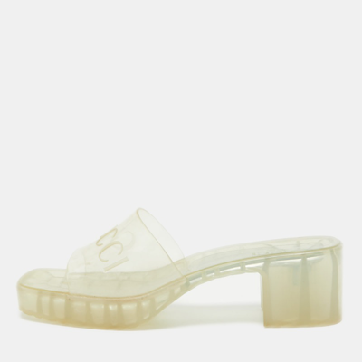 Pre-owned Gucci Transparent Pvc Embossed Logo Block Heel Slide Sandals Size 40.5