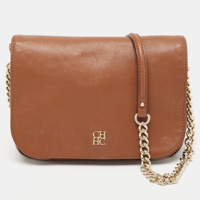 Pre-owned Ch Carolina Herrera Brown Monogram Leather Flap Shoulder Bag