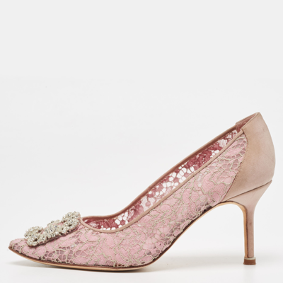 Pre-owned Manolo Blahnik Pink Lace And Mesh Hangisi Pumps Size 38.5