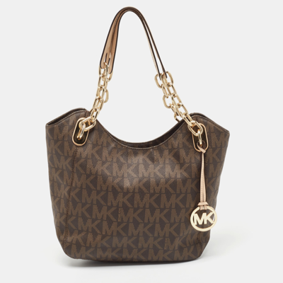 Pre-owned Michael Michael Kors Brown Signature Coated Canvas Lilly Hobo