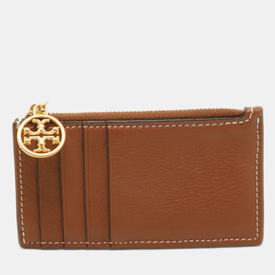 Pre-owned Tory Burch Brown Leather Miller Top Zip Card Case