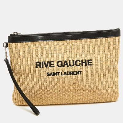 Pre-owned Saint Laurent Beige/black Raffia And Leather Rive Gauche Zip Wristlet Pouch