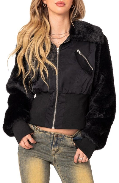 Shop Edikted Malliora Faux Fur Trim Bomber Jacket In Black
