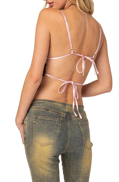 Edikted Cara Sheer Lace Tie Back Camisole In Black-and-pink
