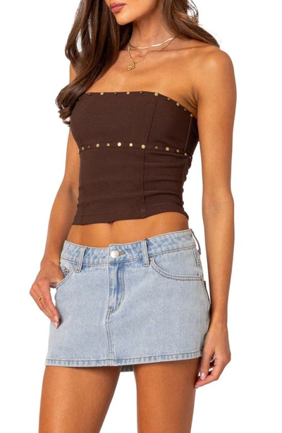 Shop Edikted Darcy Stud Lace Up Crop Corset Top In Brown