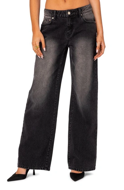 Shop Edikted Magda Low Rise Wide Leg Jeans In Black-washed