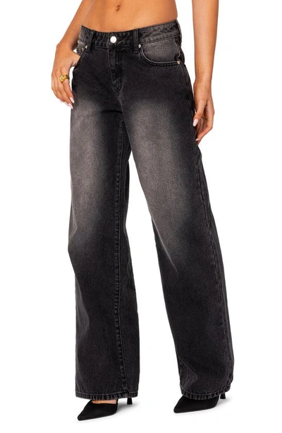 Shop Edikted Magda Low Rise Wide Leg Jeans In Black-washed