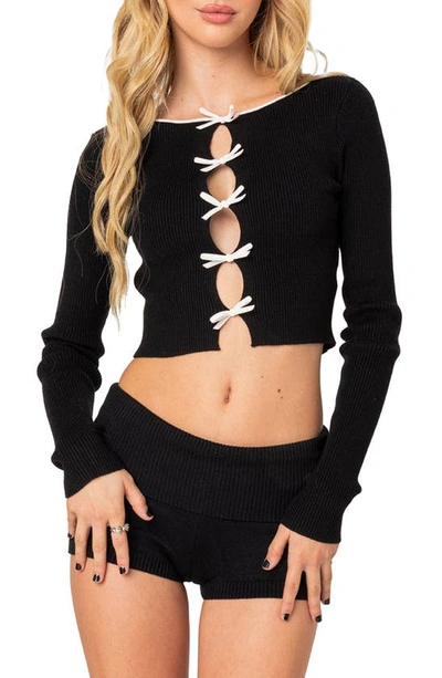 Shop Edikted Billy Bow Cutout Rib Crop Top In Black-and-white