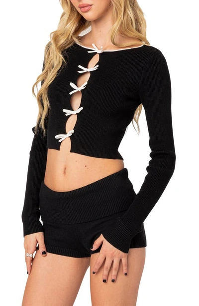 Shop Edikted Billy Bow Cutout Rib Crop Top In Black-and-white