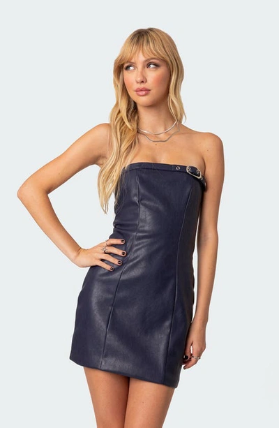 Shop Edikted Vip Member Lace-up Faux Leather Minidress In Navy