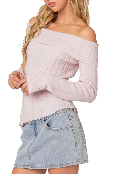Edikted Sonya Foldover Off The Shoulder Rib Sweater In Light-pink