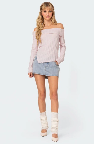 Edikted Sonya Foldover Off The Shoulder Rib Sweater In Light-pink