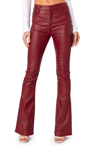 Shop Edikted Luna Faux Leather Flare Pants In Burgundy