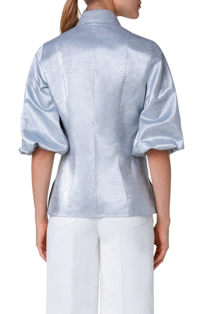 Shop Akris Punto Metallic Puff Sleeve Button-up Shirt In Silver Blue