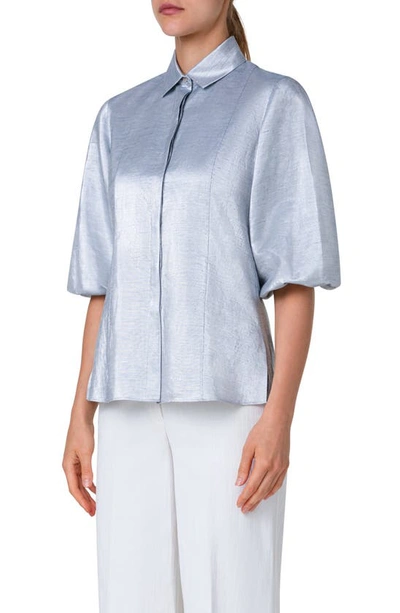 Shop Akris Punto Metallic Puff Sleeve Button-up Shirt In Silver Blue