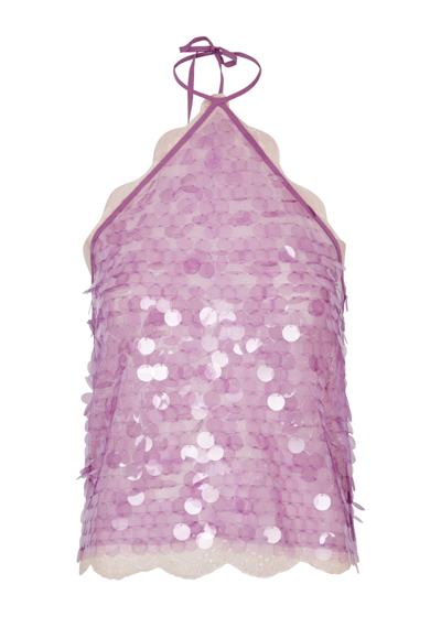 Shop Siedres Negy Paillette-embellished Halterneck Lace Top In Lilac