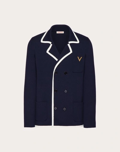Shop Valentino Double-breasted Wool Jacket With Metallic V Detail In Navy/ivory