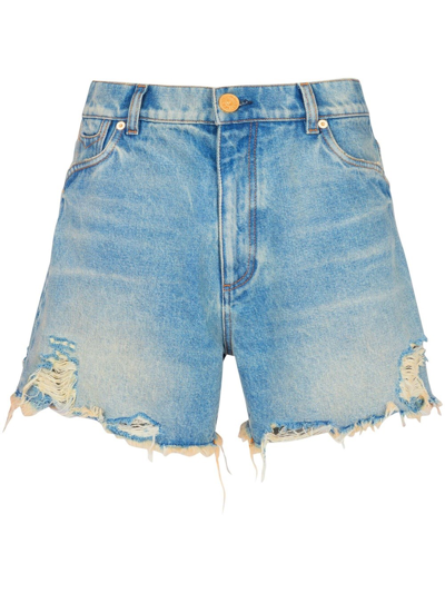 Shop Balmain Denim Shorts With Medium Waist In Blue