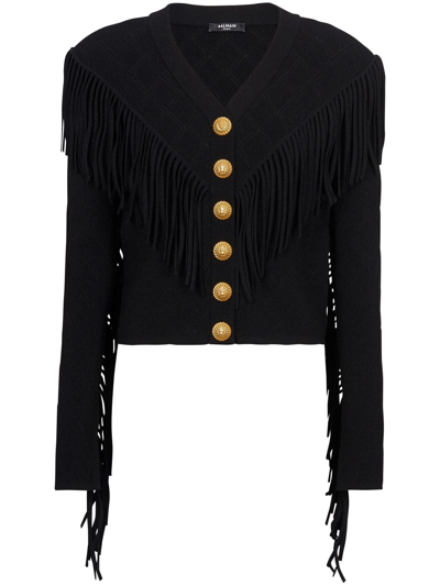 Shop Balmain 5-button Cardigan With Fringes In Black