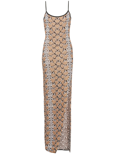 Shop Balmain Long Dress With Jacquard Effect In Brown