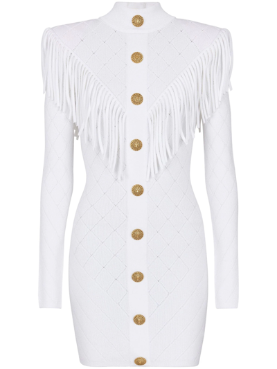 Shop Balmain Short Dress With Fringes In White