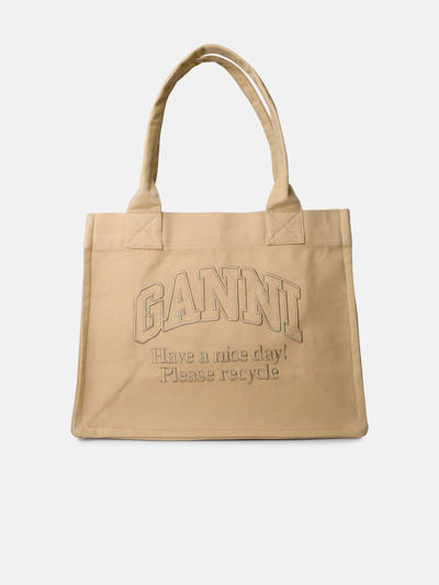 Shop Ganni 'easy' Cream Recycled Cotton Shopping Bag
