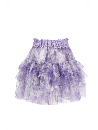 Monnalisa Printed Tulle Skirt In Cream + Wisteria