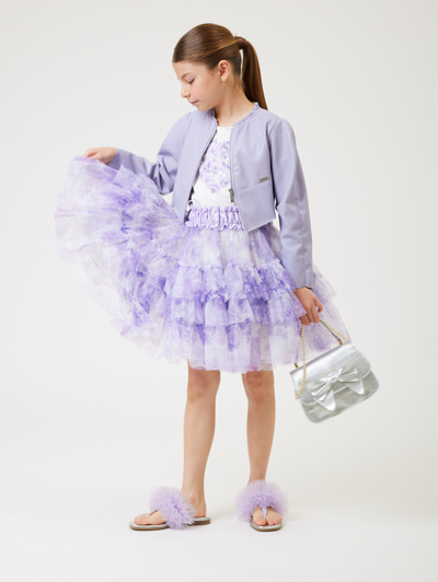 Monnalisa Printed Tulle Skirt In Cream + Wisteria